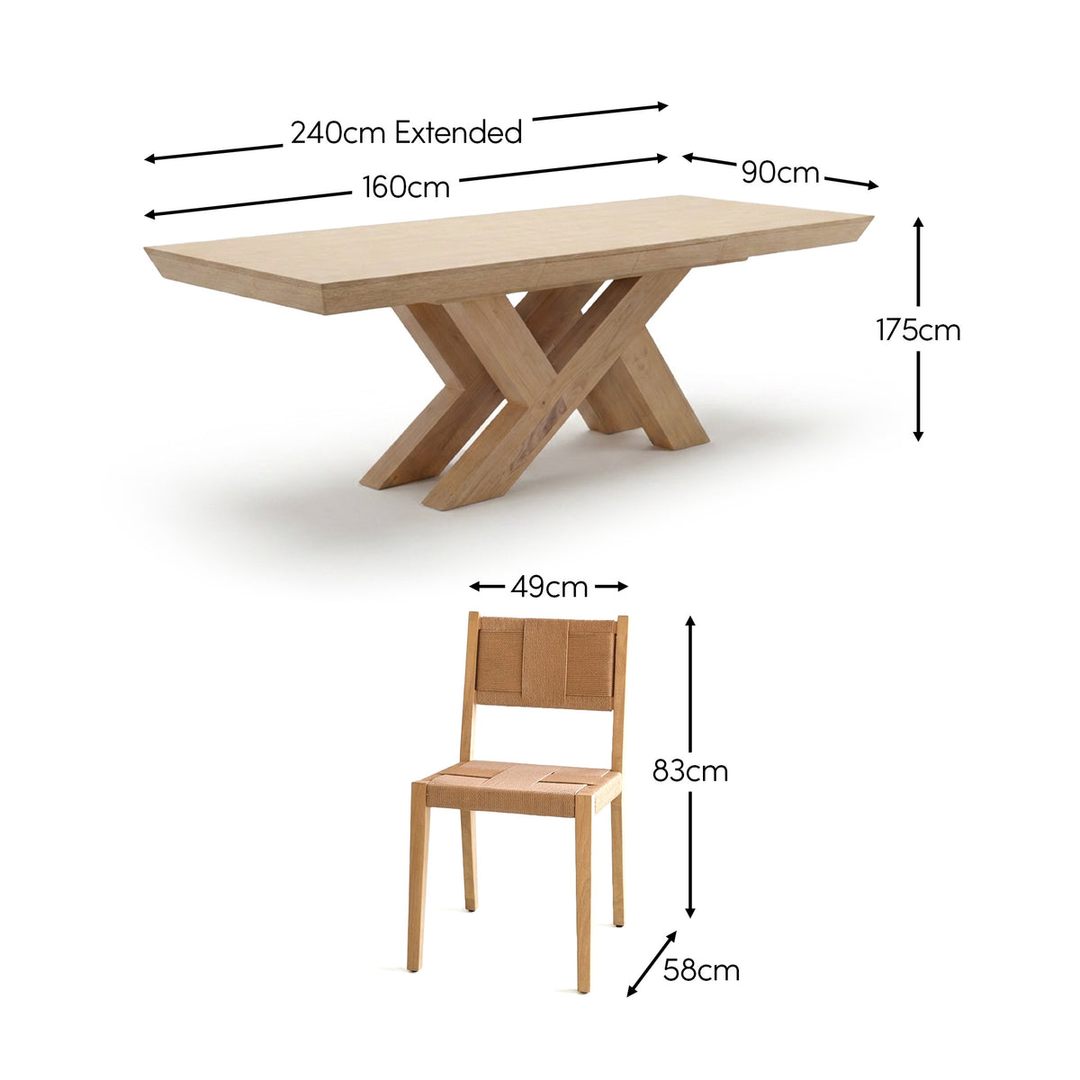 Olivia 160-240cm Whitewash Oak Dining Table Set - 8 Seater - Dinah Natural String Dining Chairs - Whitewash Oak Legs - Laura James 