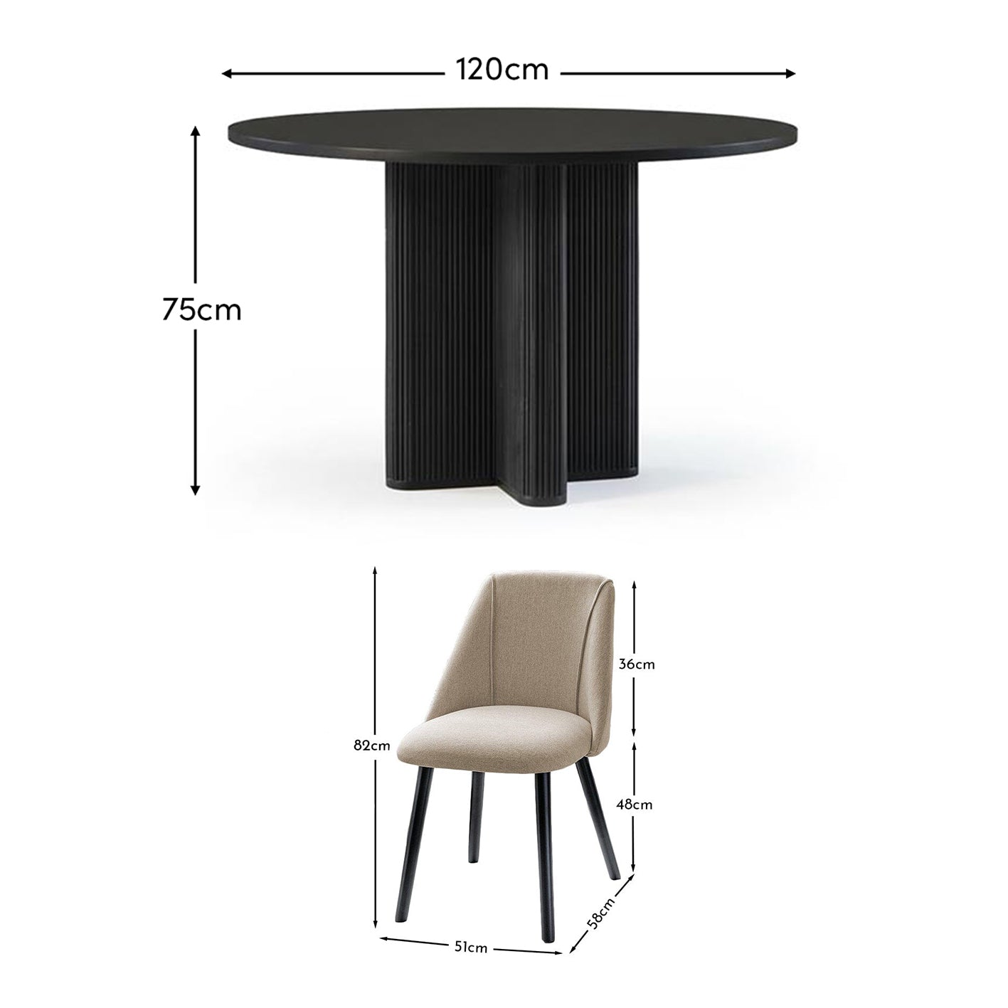 Orla 120cm Jet Black Mango Wood Round Dining Table Set - 4 Seater - Freya Sand Dining Chair - Black Legs - Laura James