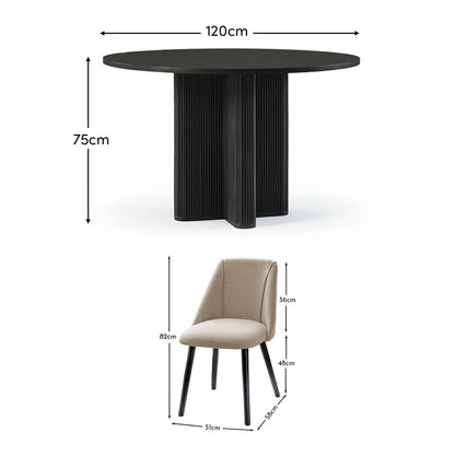 Orla 120cm Jet Black Mango Wood Round Dining Table Set - 4 Seater - Freya Sand Dining Chair - Black Legs - Laura James