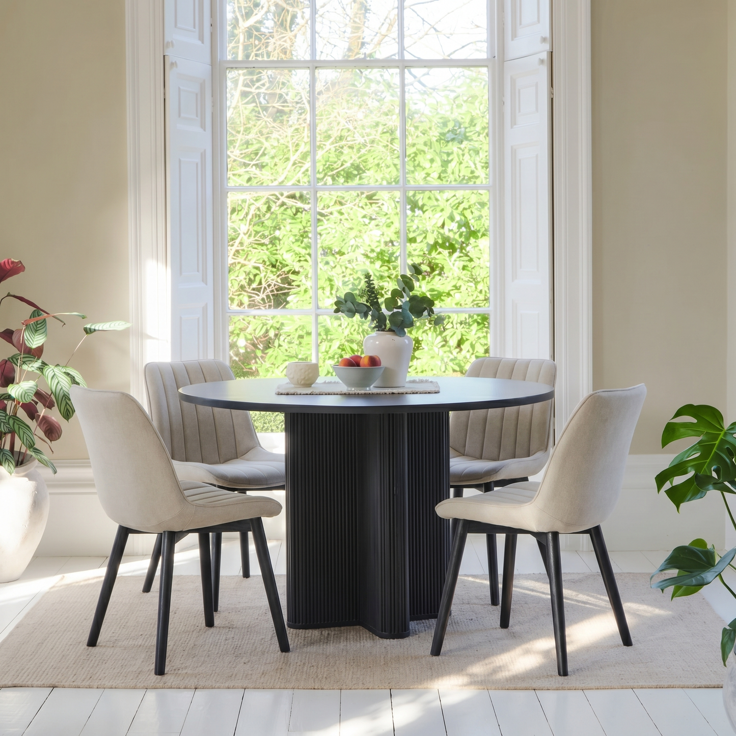 Orla Black Mango Wood Round Dining Table Set - 4 Seater - Bella Soft Beige Dining Chairs - Black Legs - Laura James