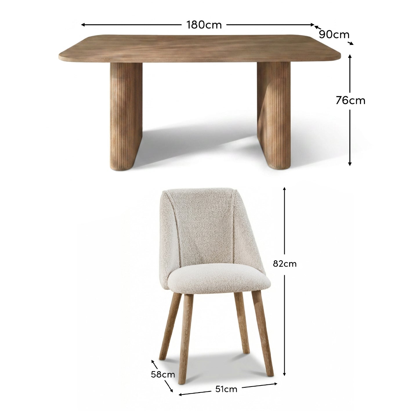 Orla 180cm Limewash Dining Table Set - 6 Seater - Freya Oat Boucle Dining Chairs - Chalked Mango Wood Legs - Laura James