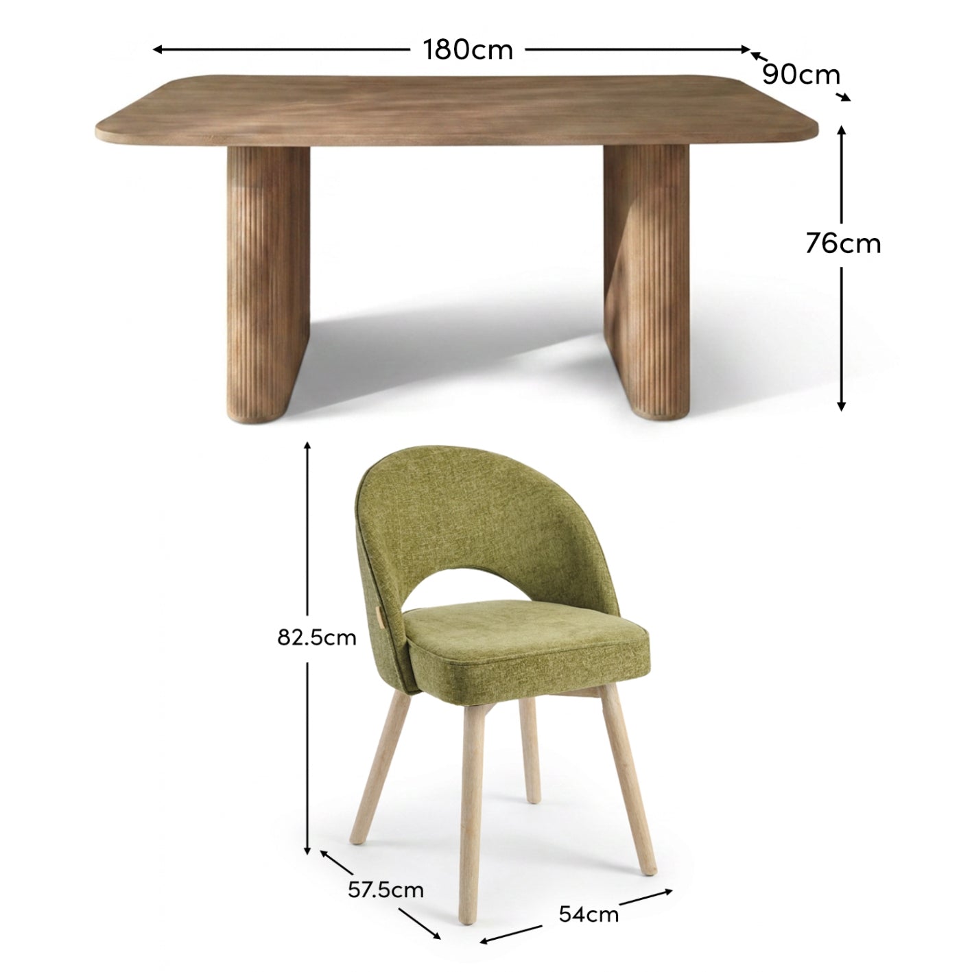 Orla 180cm Limewash Dining Table Set - 6 Seater - Marilyn Moss Green Dining Chairs - Whitewash Legs