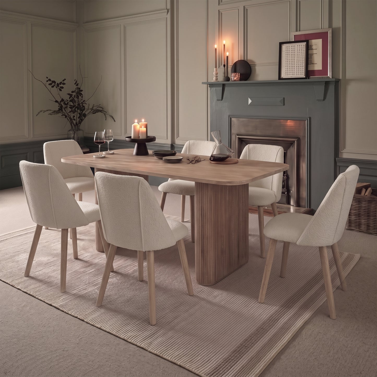 Orla 180cm Limewash Dining Table Set - 6 Seater - Freya Oat Boucle Dining Chairs - Chalked Mango Wood Legs - Laura James