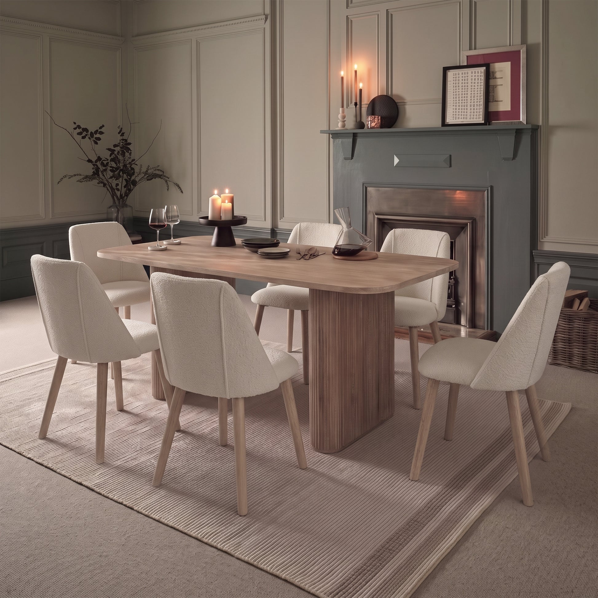Orla 180cm Limewash Dining Table Set - 6 Seater - Freya Oat Boucle Dining Chairs - Chalked Mango Wood Legs - Laura James