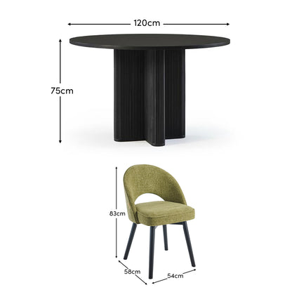 Orla Black Mango Wood Round Dining Table Set - 4 Seater - Marilyn Green Dining Chairs - Black Legs - Laura James