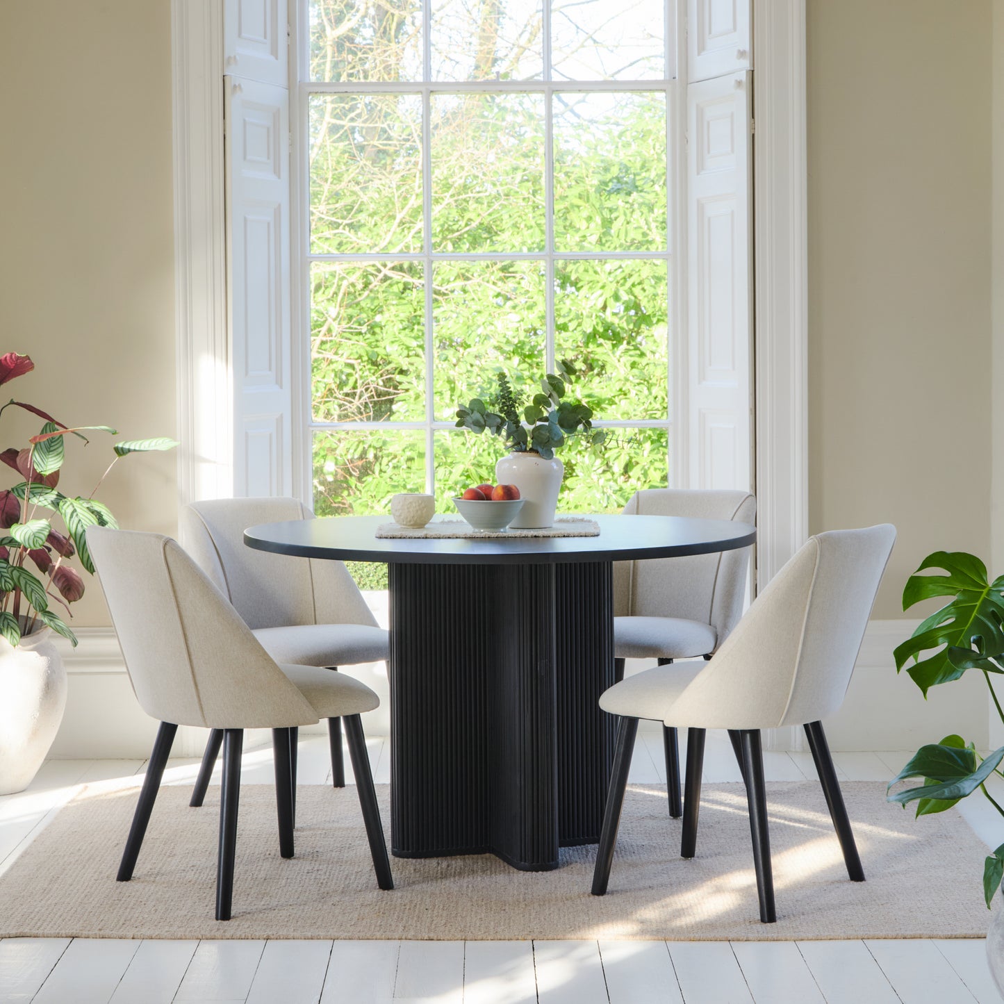 Orla 120cm Jet Black Mango Wood Round Dining Table Set - 4 Seater - Freya Sand Dining Chair - Black Legs