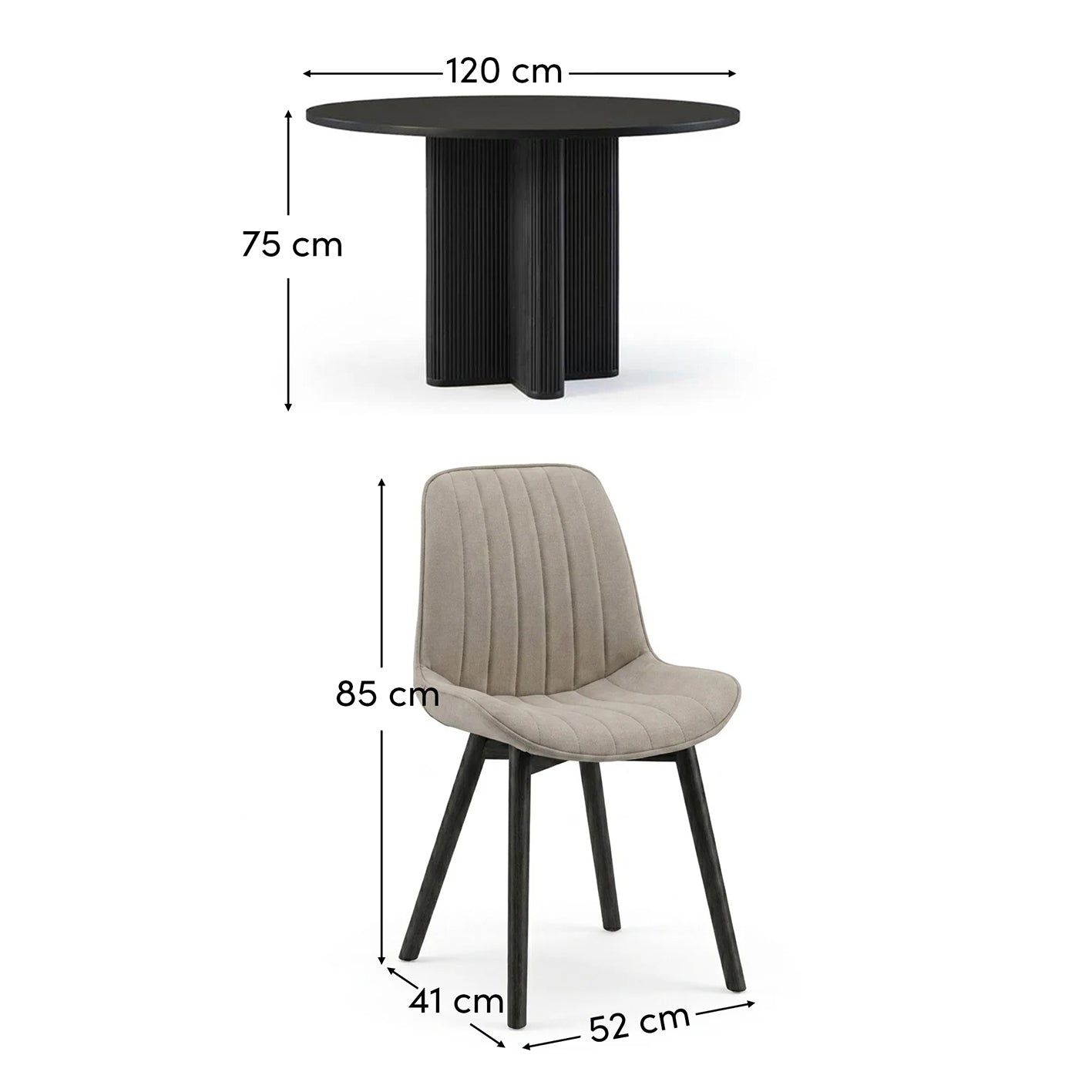 Orla Black Mango Wood Round Dining Table Set - 4 Seater - Bella Soft Beige Dining Chairs - Black Legs - Laura James