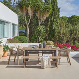 Palm 6 Seater Wooden Garden Dining Set with 4 Nala Sand Chairs & Charlotte Bench - Laura James 