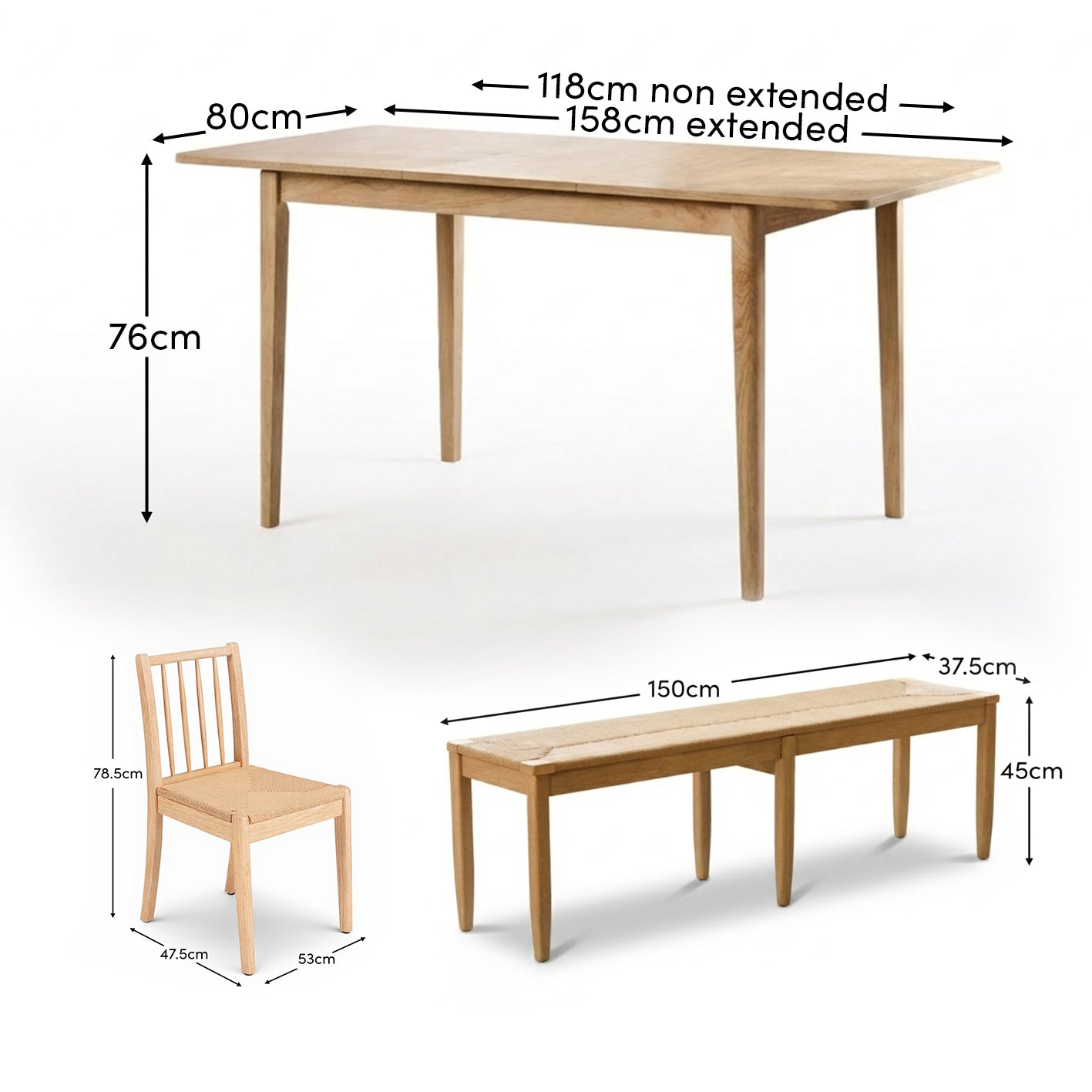 Paul 118-158cm Extending Dining Table & Tilly 150cm Wooden Bench with 2 Tilly 150cm Whitewash Oak Benches & Natural String - Laura James