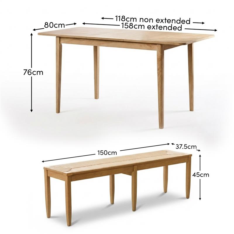 Paul 118-158cm Extending Dining Table with 2 Tilly 150cm Whitewash Oak Benches & Paper Cord - Laura James