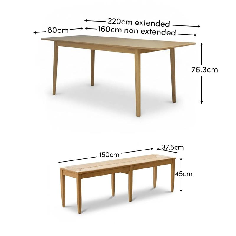 Paul 160-220cm Whitewash Oak Extending Dining Table Set - 4 Seater - 2 Tilly Wood String Dining Bench - Laura James