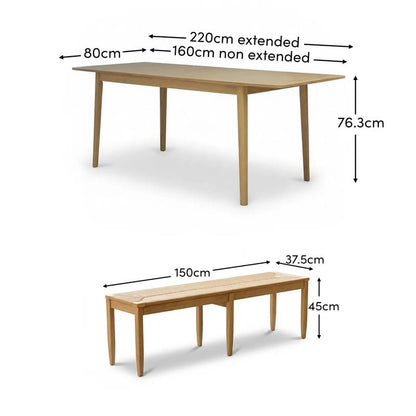 Paul 160-220cm Whitewash Oak Extending Dining Table Set - 4 Seater - 2 Tilly Wood String Dining Bench - Laura James