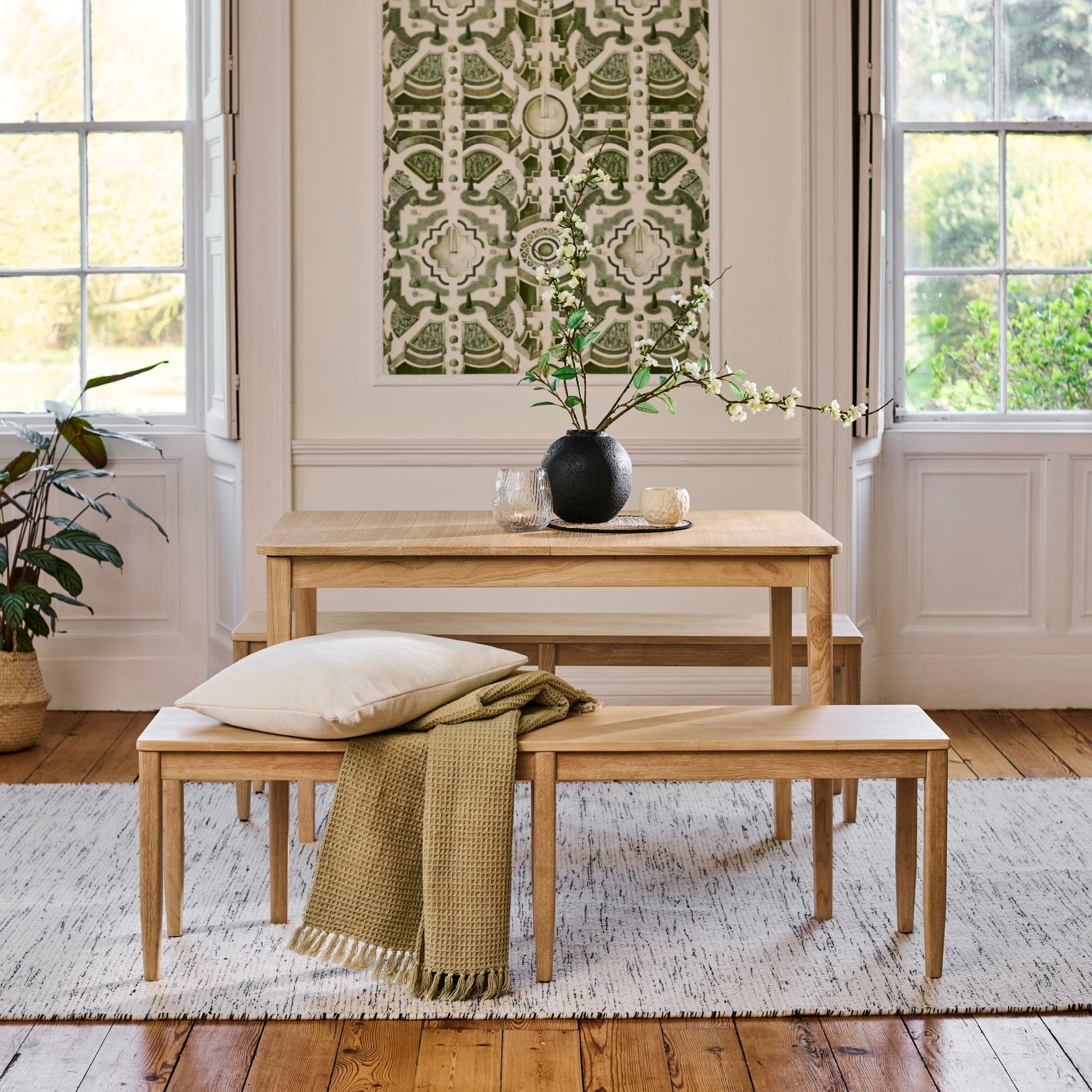 Paul 118-158cm Extending Dining Table with 2 Tilly 150cm Whitewash Oak Benches - Laura James
