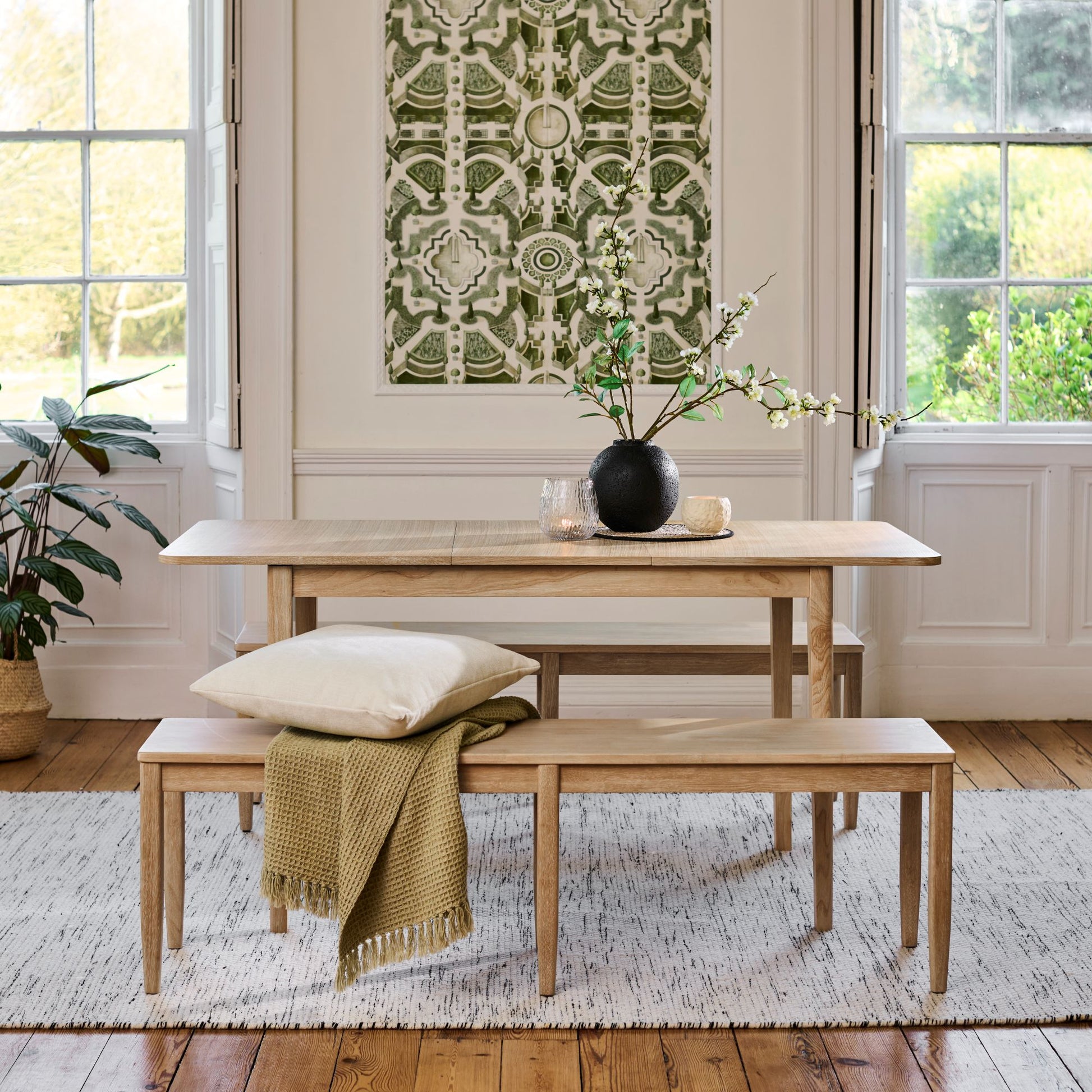 Paul 118-158cm Extending Dining Table with 2 Tilly 150cm Whitewash Oak Benches - Laura James