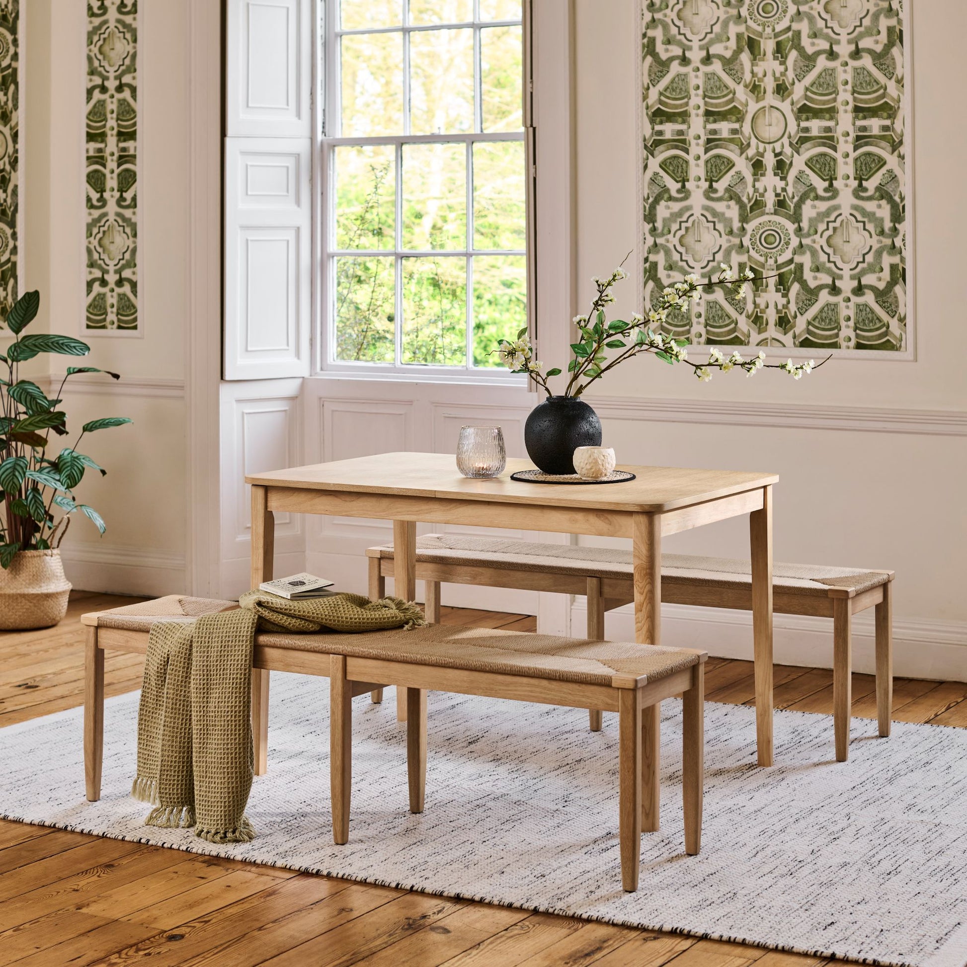 Paul 118-158cm Extending Dining Table with 2 Tilly 150cm Whitewash Oak Benches & Paper Cord - Laura James