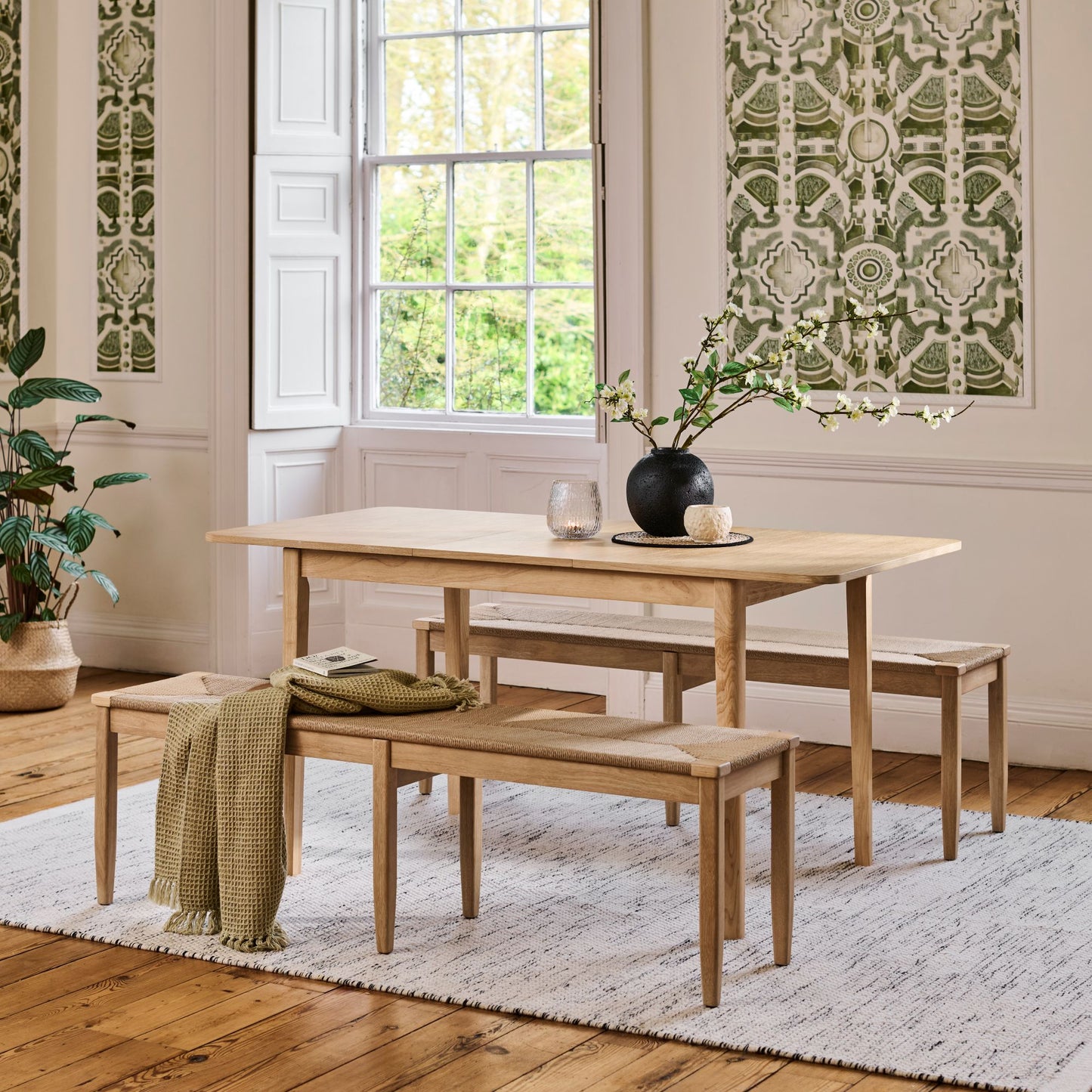 Paul 118-158cm Extending Dining Table with 2 Tilly 150cm Whitewash Oak Benches & Paper Cord - Laura James