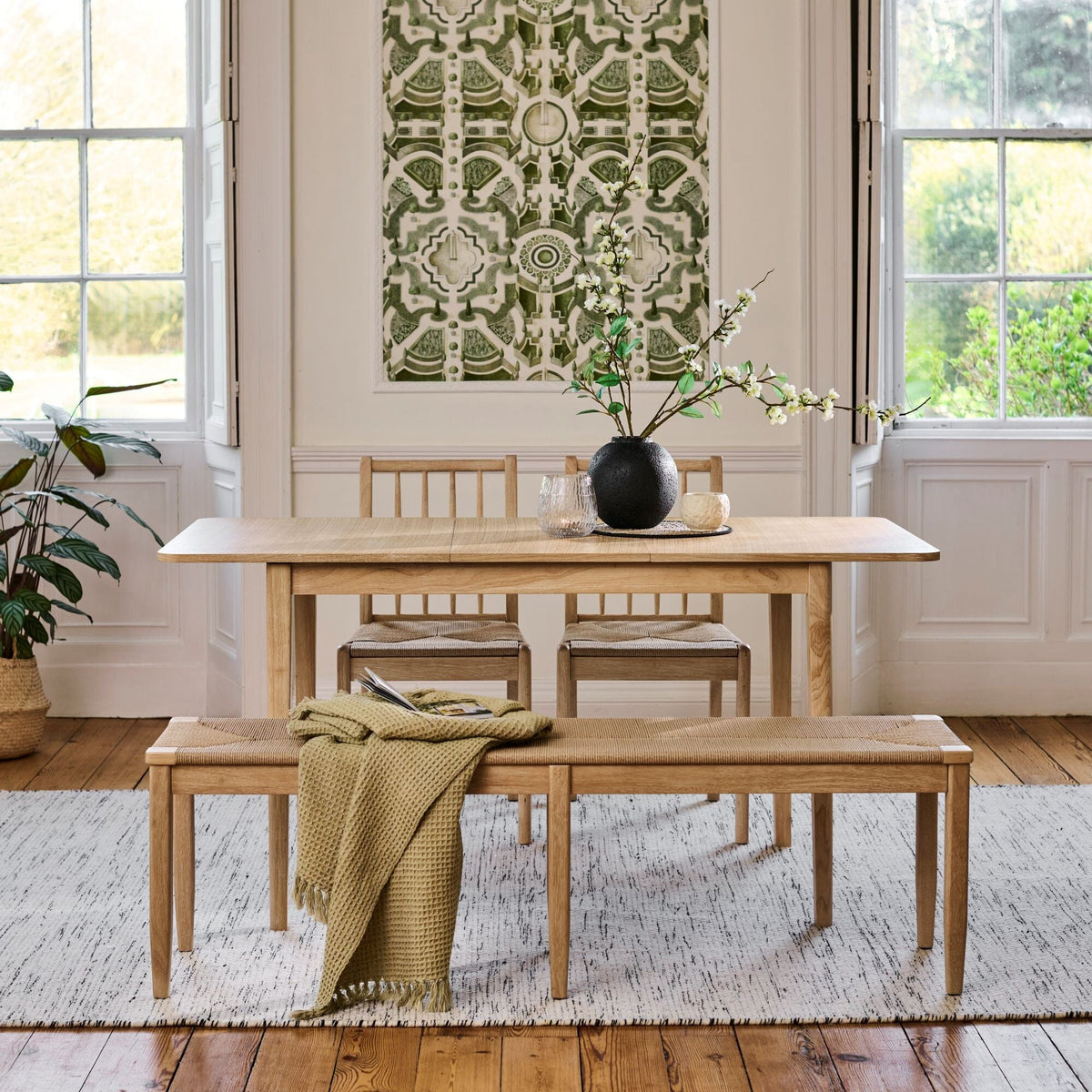 Paul 118-158cm Extending Dining Table & Tilly 150cm Woven Bench with 2 ...