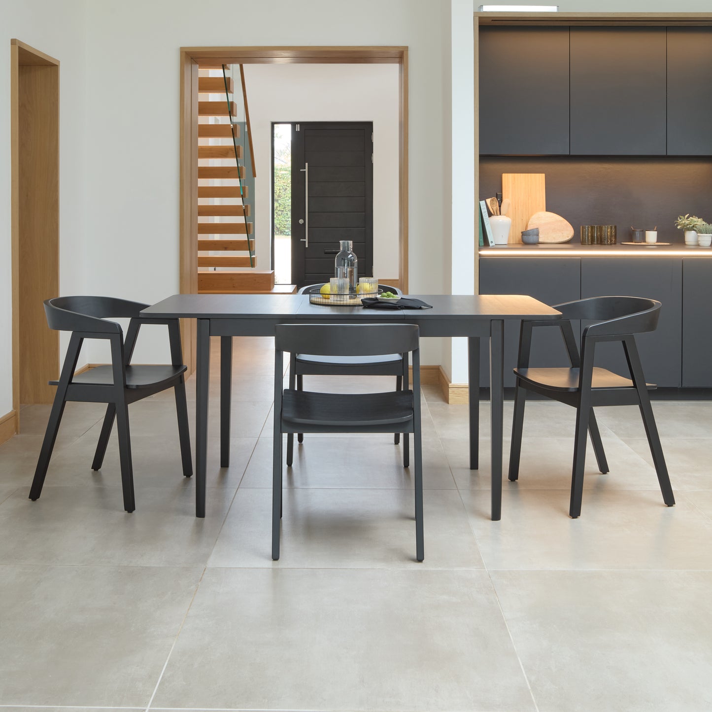 Paul Black Oak Extending Dining Table Set - 4 Seater - Ella Carver Chairs - Black Oak