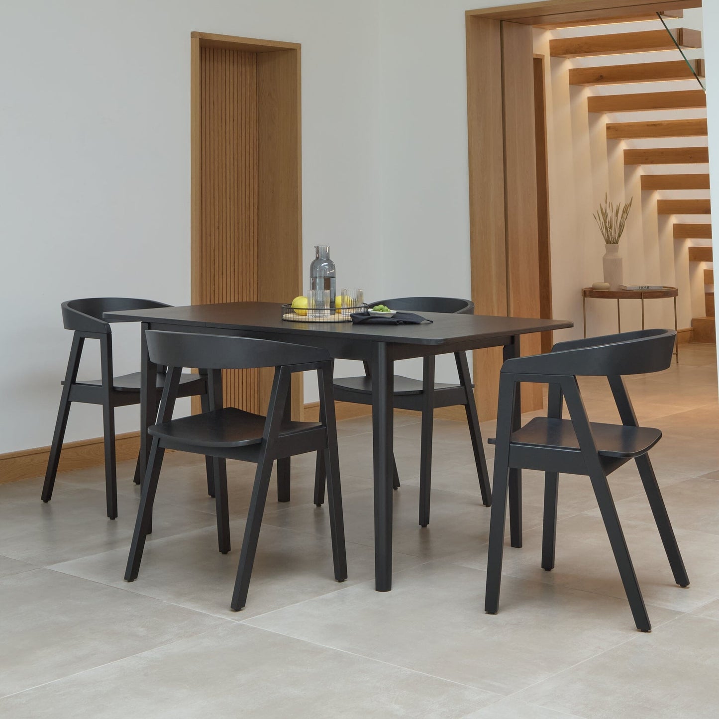 Paul Black Oak Extending Dining Table Set - 4 Seater - Ella Carver Chairs - Black Oak
