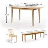 Paul 118-158cm Extending Dining Table & Tilly 150cm Wooden Bench with 2 Tilly 150cm Whitewash Oak Benches