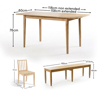 Paul 118-158cm Extending Dining Table & Tilly 150cm Wooden Bench with 2 Tilly 150cm Whitewash Oak Benches