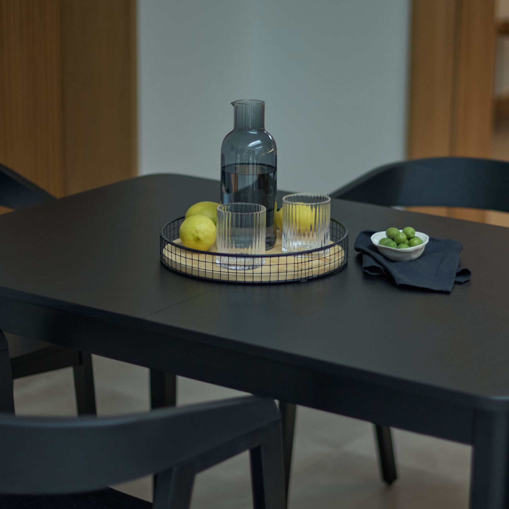 Paul Black Oak Extending Dining Table Set - 6 Seater -  Ella Fawn Linen Carver Chairs - Black Oak Legs - Laura James