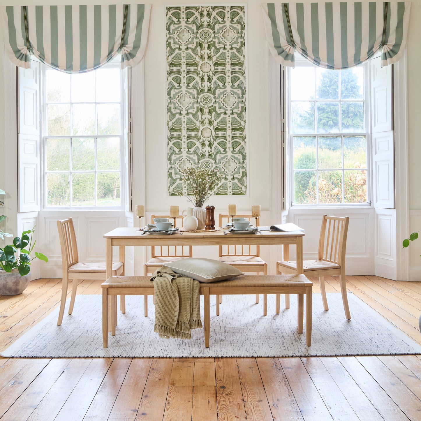 Paul 160-220cm Whitewash Oak Extending Dining Table Set - 6 Seater - 4 Tilly Wood String Dining Chair with 1 Tilly Wood String Dining Bench - Laura James 