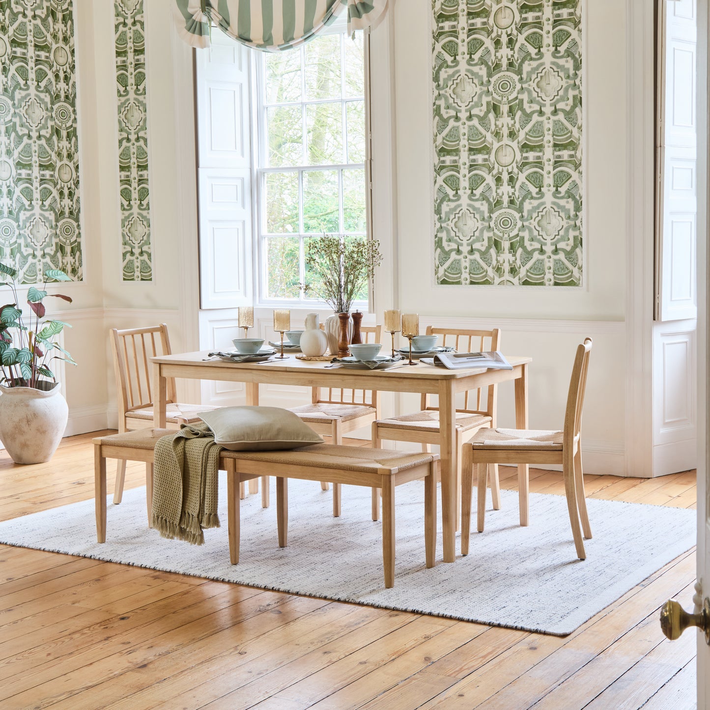 Paul 160-220cm Whitewash Oak Extending Dining Table Set - 6 Seater - 4 Tilly Wood String Dining Chair with 1 Tilly Wood String Dining Bench - Laura James 