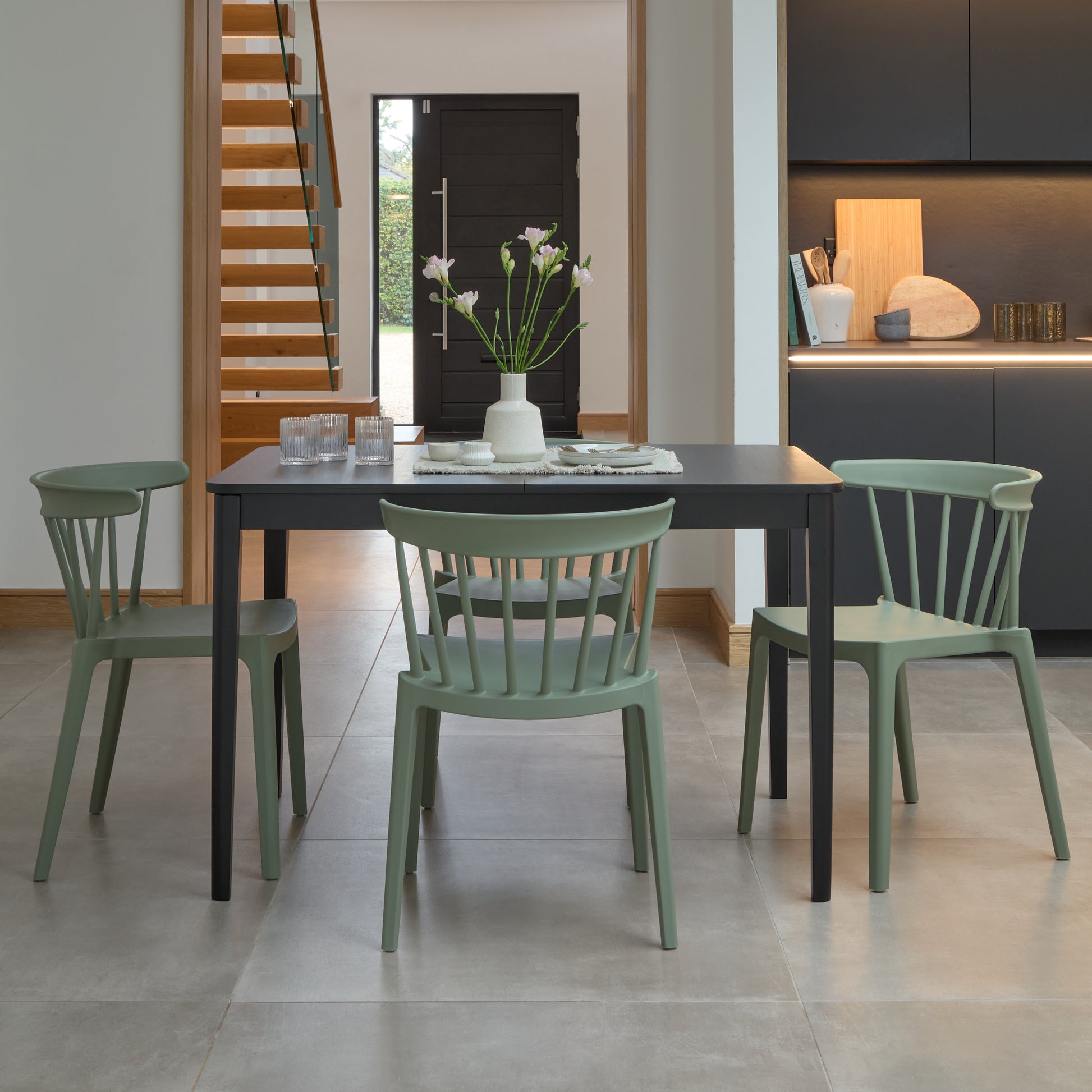 Paul Black Oak Extending Dining Table Set - 4 Seater - Agatha Olive Green Dining Chairs - Laura James