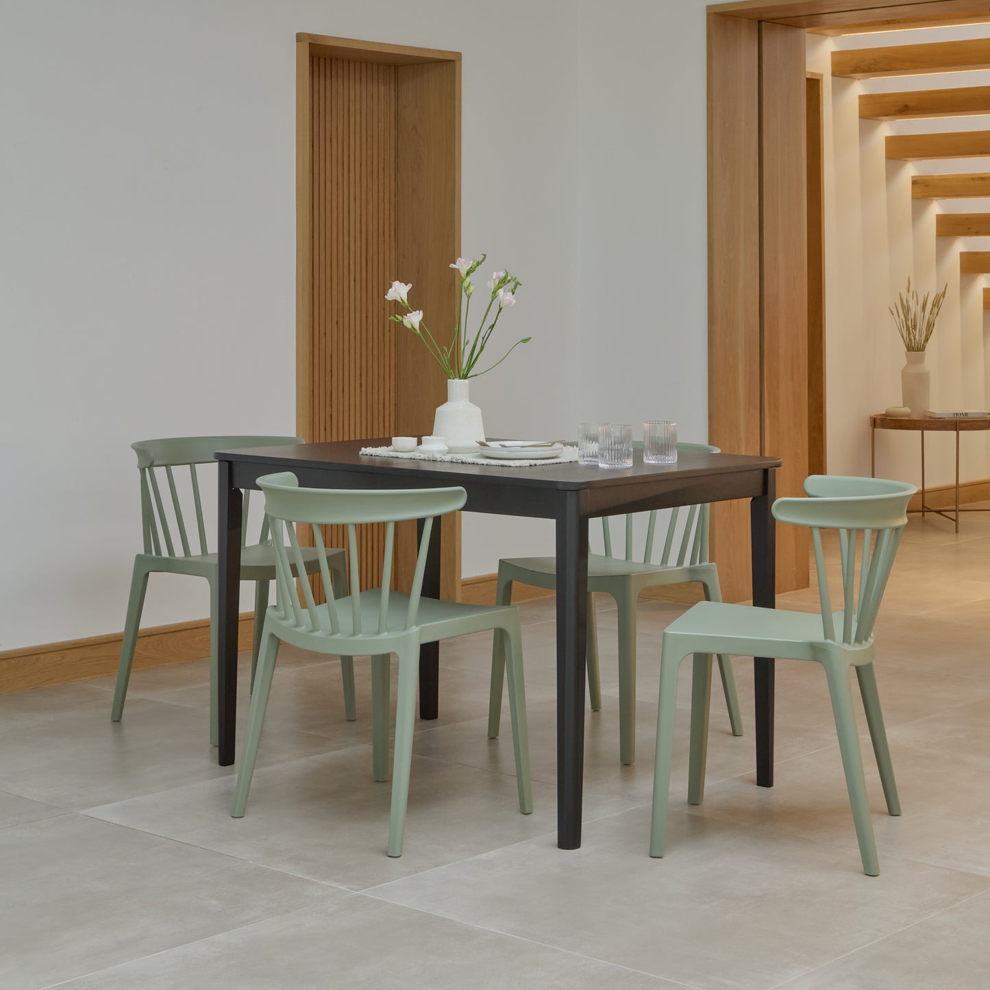 Paul Black Oak Extending Dining Table Set - 4 Seater - Agatha Olive Green Dining Chairs - Laura James