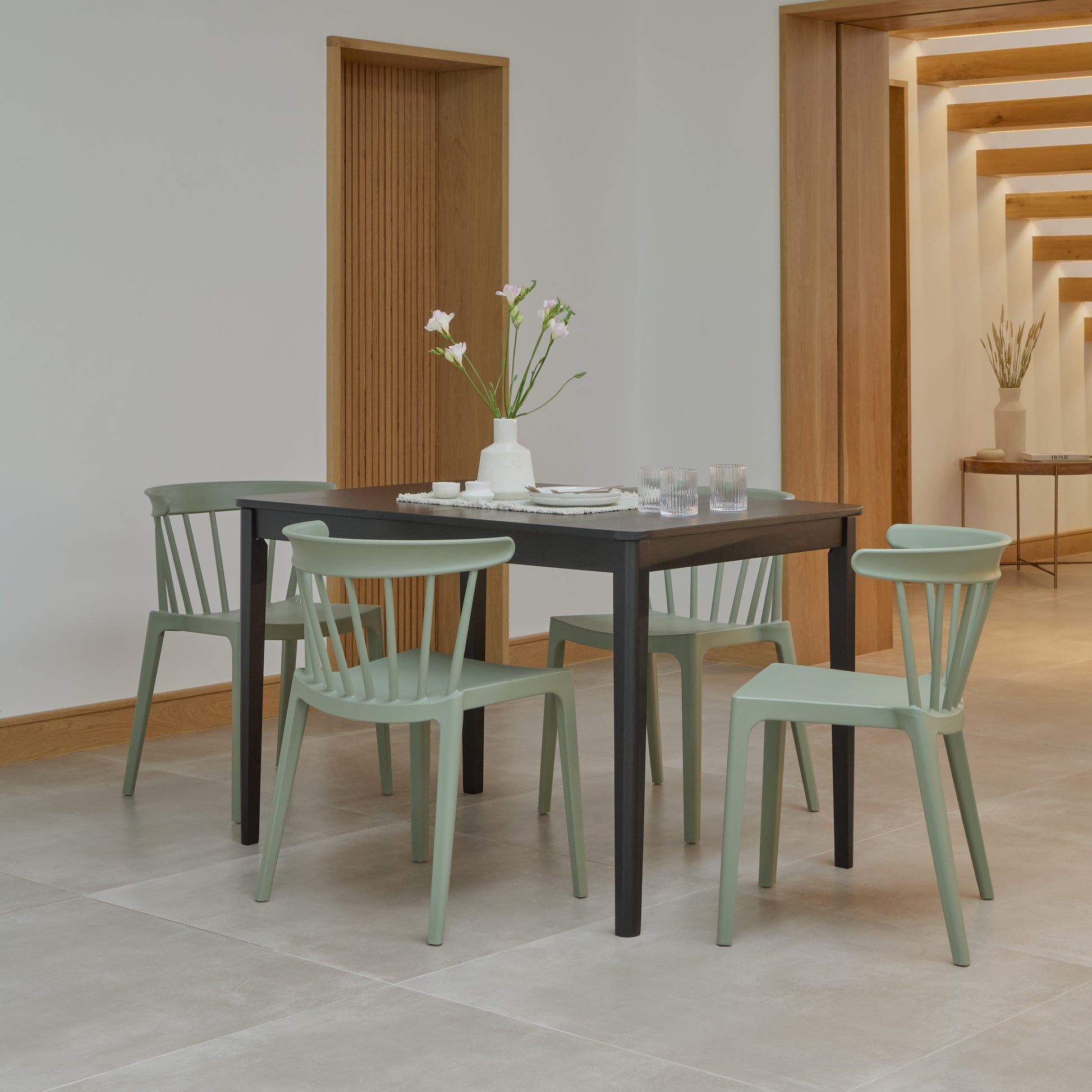 Paul Black Oak Extending Dining Table Set - 4 Seater - Agatha Olive Green Dining Chairs - Laura James