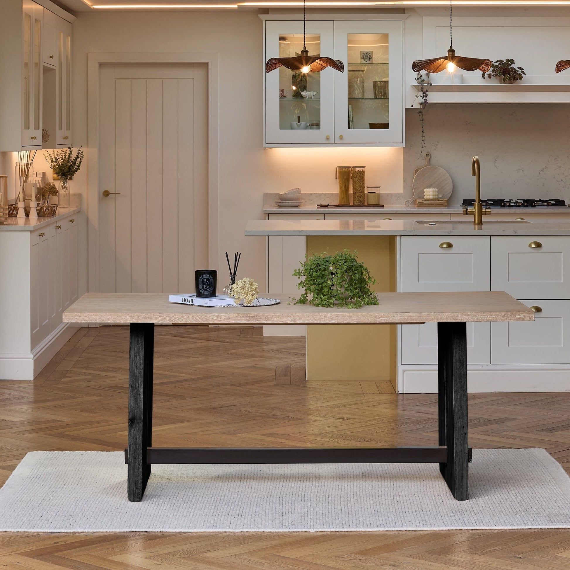 Priya Whitewash Wood Rectangular Dining Table with Black Legs - Laura James