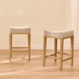 Reid Linen Grey Backless Bar Stools - Set of 2 - Whitewash Mindi Wood Legs - Laura James 