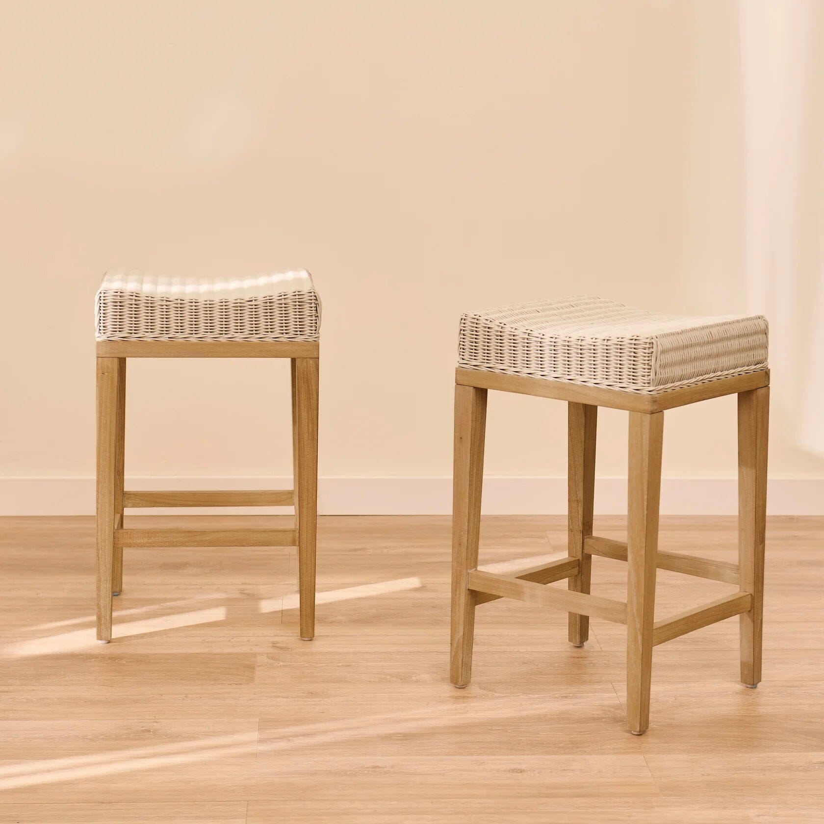 Reid Linen Grey Backless Bar Stools - Set of 2 - Whitewash Mindi Wood Legs - Laura James 