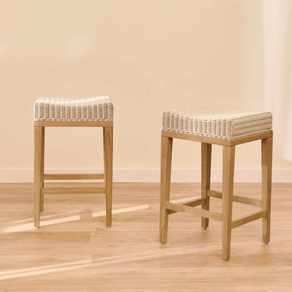 Reid Linen Grey Backless Bar Stools - Set of 2 - Whitewash Mindi Wood Legs - Laura James 