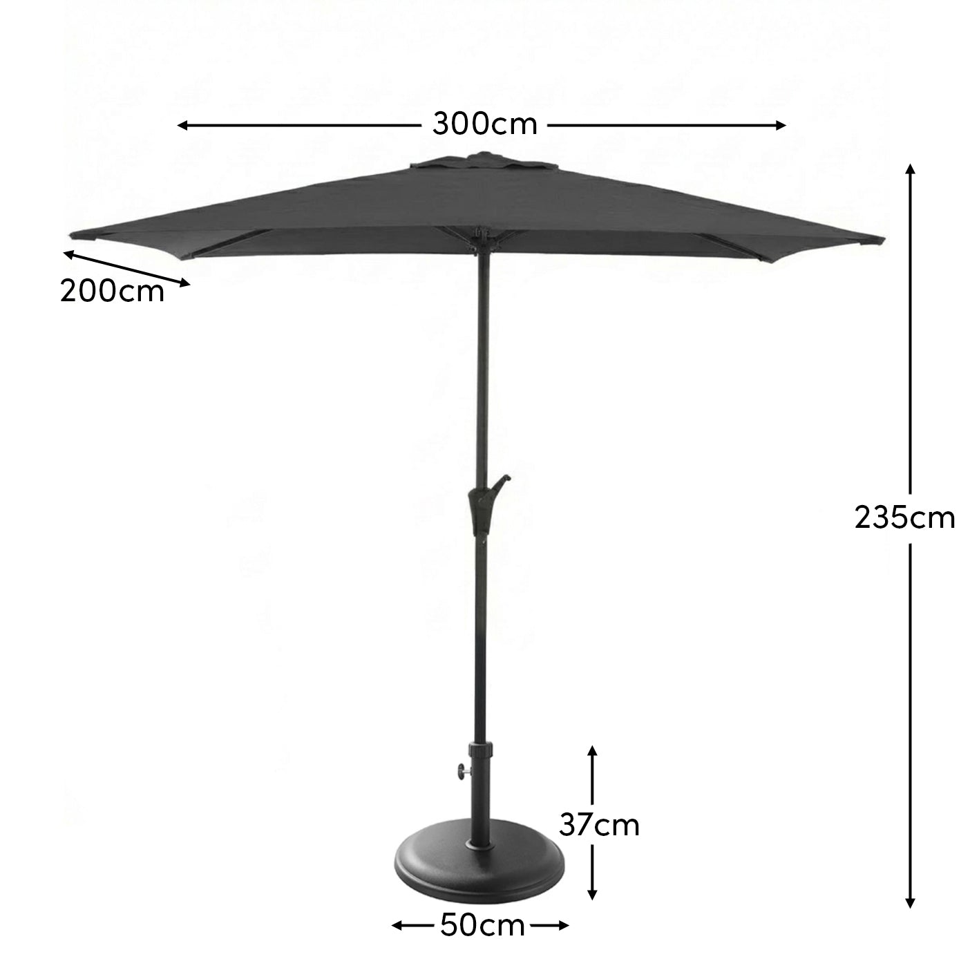Rectangular 2x3m Grey LED Parasol with 25kg Parasol Base - Black Concrete - Laura James