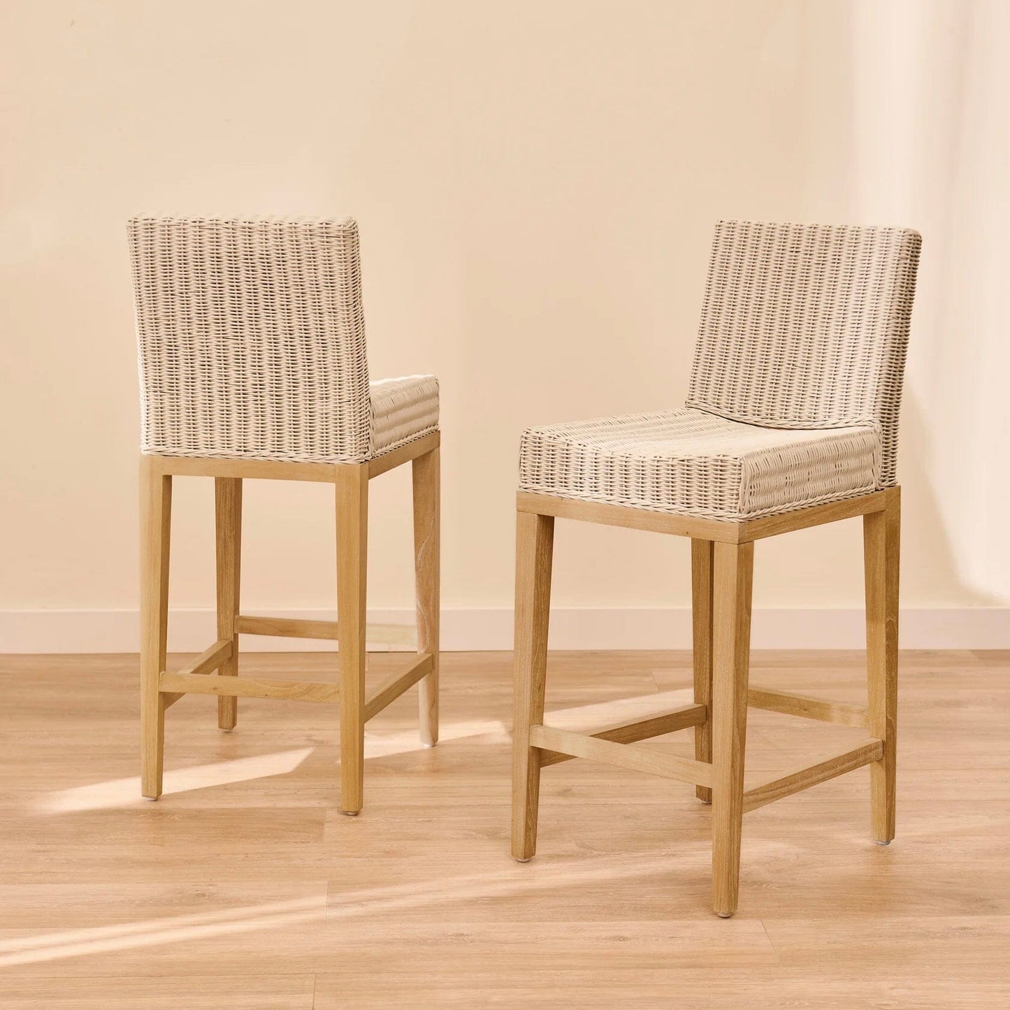 Reid Linen Grey Bar Stools - Set of 2 - Whitewash Mindi Wood Legs