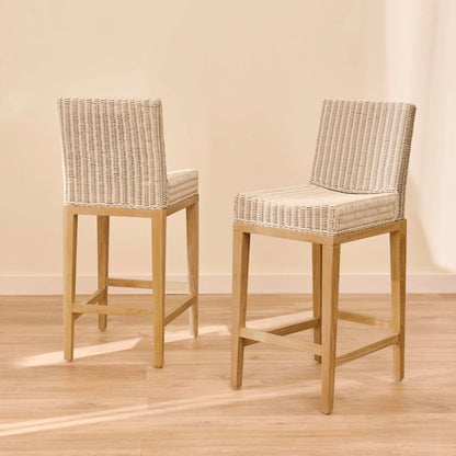 Reid Linen Grey Bar Stools - Set of 2 - Whitewash Mindi Wood Legs