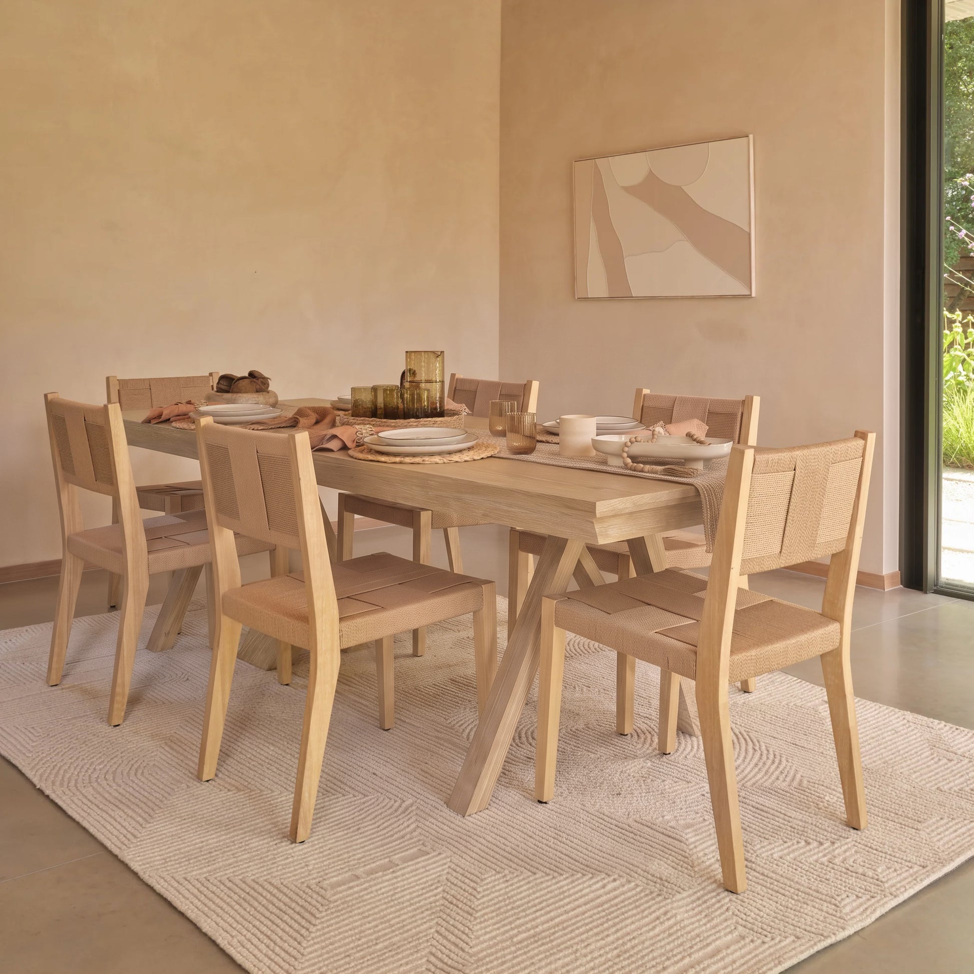 Sabina 160-240cm Extending Whitewash Oak Dining Table Set - 6 Seater - Dinah Natural String Dining Chairs - Whitewash Oak Legs - Laura James 