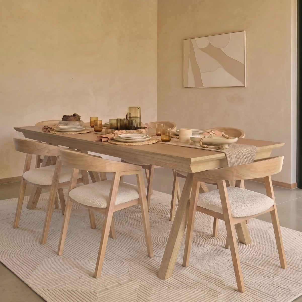 Sabina 160-240cm Pale Oak Extending Dining Table Set - 6 Seater - Ella Off White Boucle Dining Chairs - Pale Oak Legs - Laura James 