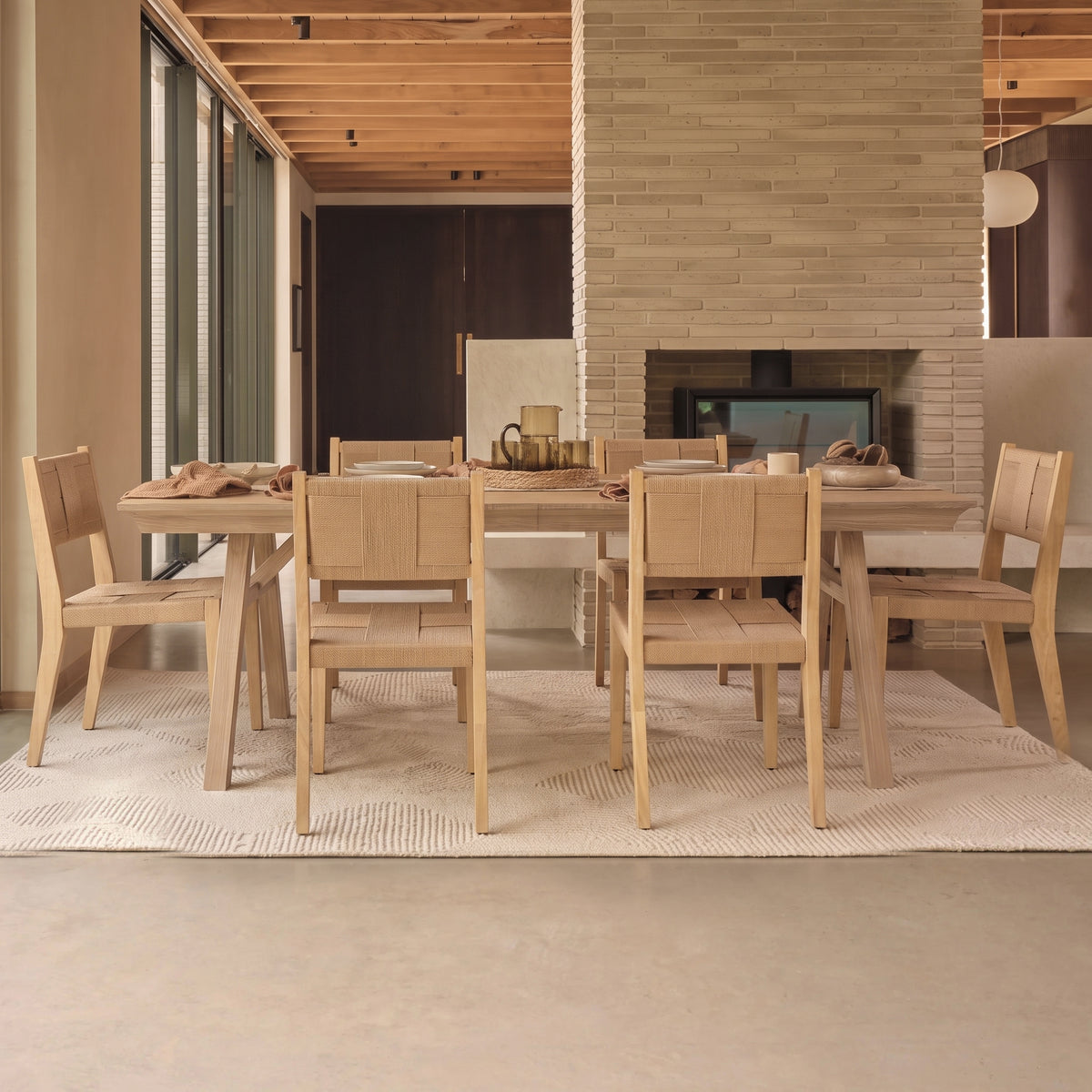 Sabina 160-240cm Extending Whitewash Oak Dining Table Set - 6 Seater - Dinah Natural String Dining Chairs - Whitewash Oak Legs - Laura James 