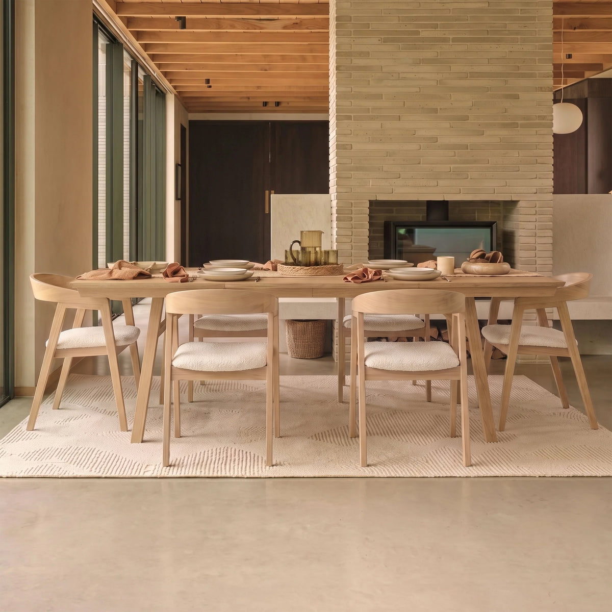 Sabina 160-240cm Pale Oak Extending Dining Table Set - 6 Seater - Ella Off White Boucle Dining Chairs - Pale Oak Legs - Laura James 