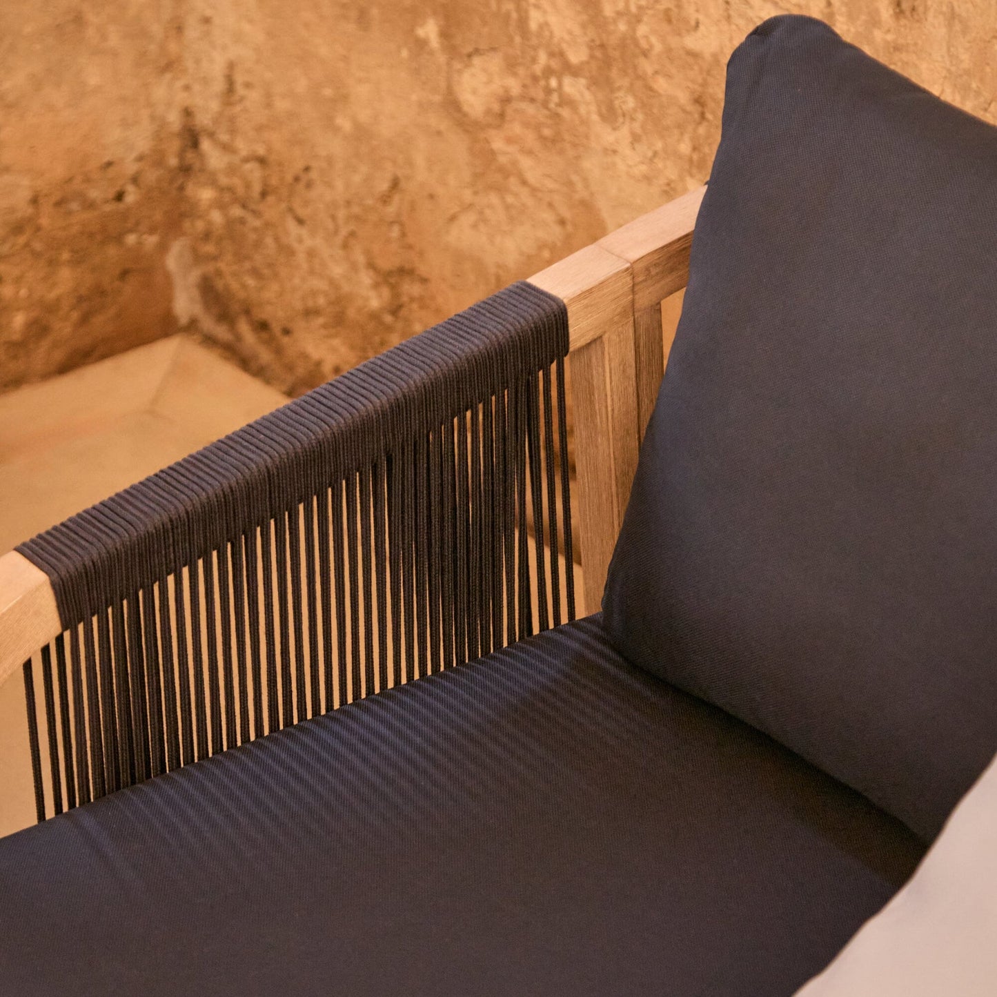 Shiro Wooden Garden Set with 3 Seater Sofa - 2 Shiro Navy Armchairs - Willow Coffee & Side Table