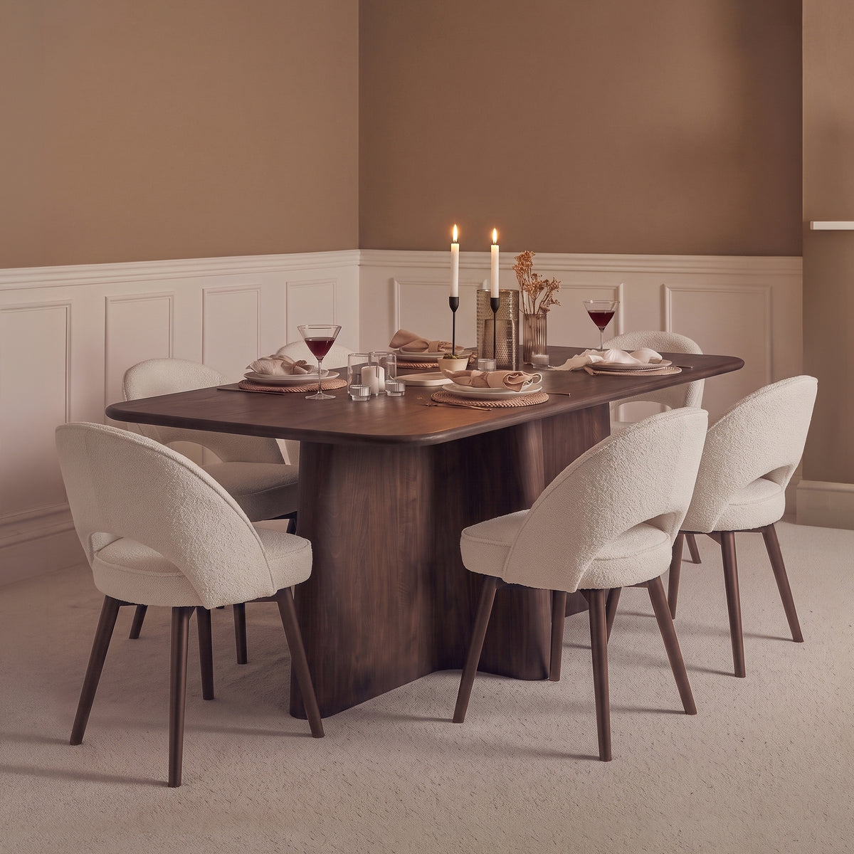 Bastian 220cm Coffee Brown Mango Wood Dining Table Set - 6 Seater - Marilyn Light Beige Boucle Dining Chairs -  Coffee Brown Mango Wood Legs - Laura James