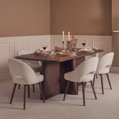 Bastian 220cm Coffee Brown Mango Wood Dining Table Set - 6 Seater - Marilyn Light Beige Boucle Dining Chairs -  Coffee Brown Mango Wood Legs - Laura James