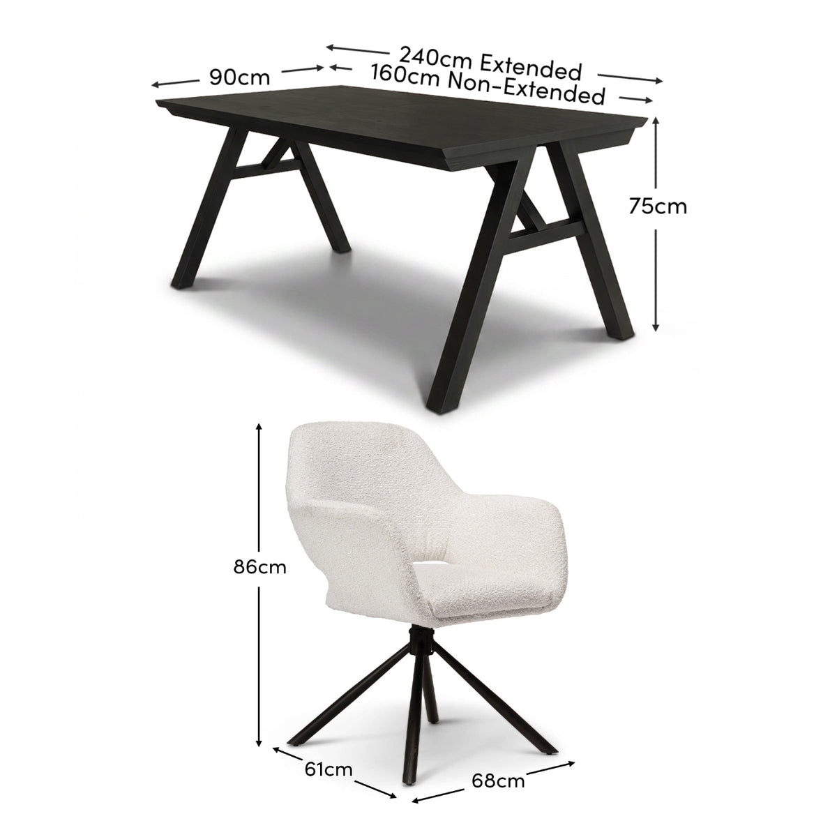 Sabina 160-240cm Black Oak Extending Dining Table Set - 6 Seater - Parker Snow White Boucle Office Chairs - Black Metal Legs - Laura James 
