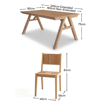 Sabina 160-240cm Extending Whitewash Oak Dining Table Set - 6 Seater - Dinah Natural String Dining Chairs - Whitewash Oak Legs - Laura James 