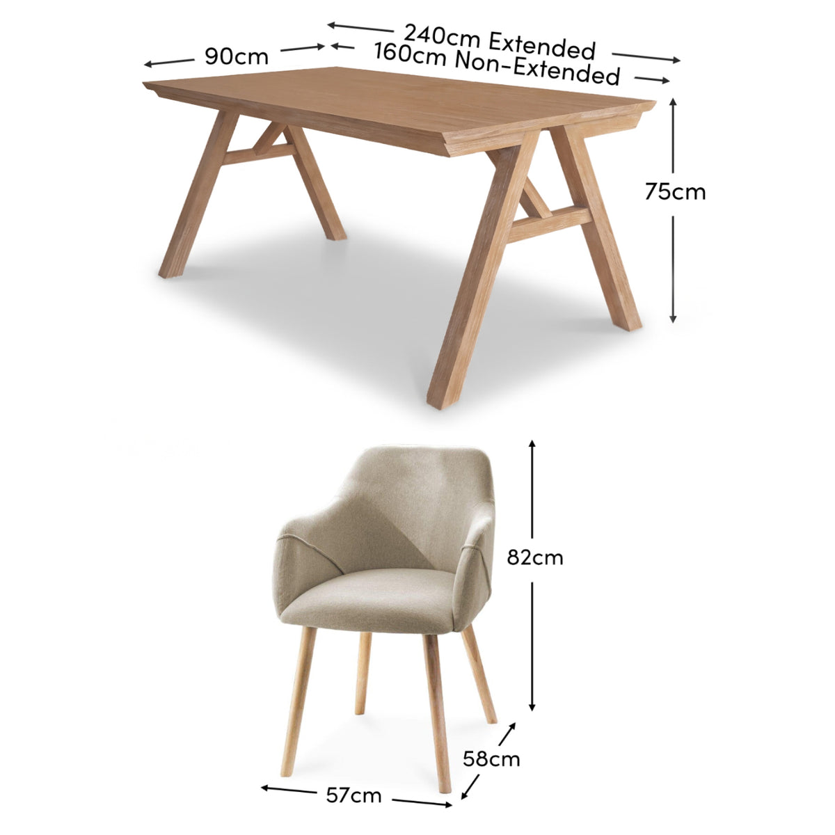 Sabina 160-240cm Whitewash Oak Extending Dining Table Set - 6 Seater - Freya Sand Dining Armchairs - Whitewash Oak Legs - Laura James 