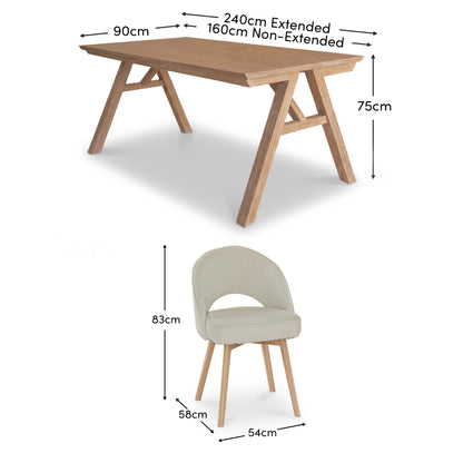 Sabina 160-240cm Whitewash Oak Extending Dining Table Set - 8 Seater - Marilyn Ecru Dining Chairs - Whitewash Oak Legs - Laura James 