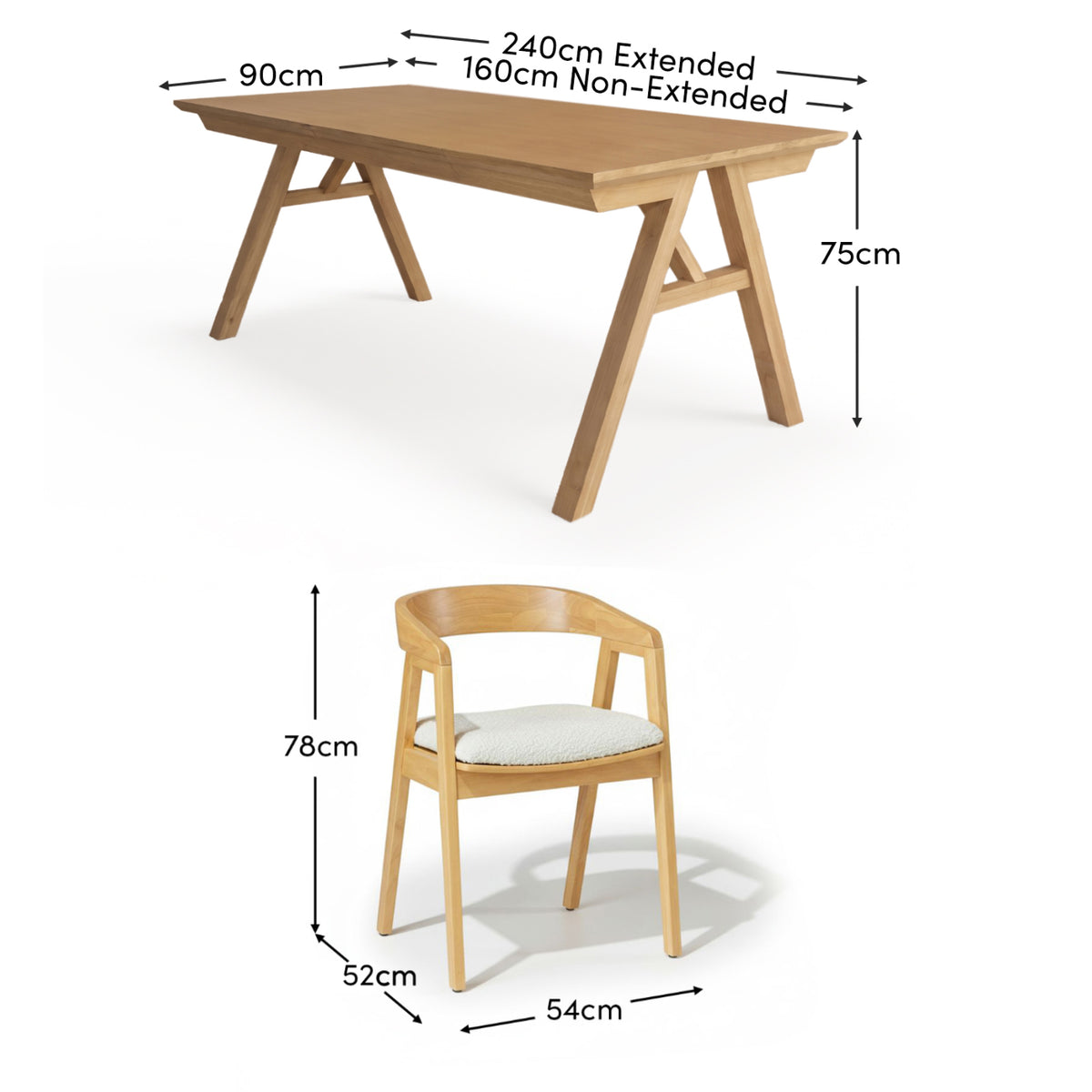 Sabina 160-240cm Pale Oak Extending Dining Table Set - 8 Seater - Ella Off White Boucle Dining Chairs - Pale Oak Legs - Laura James 